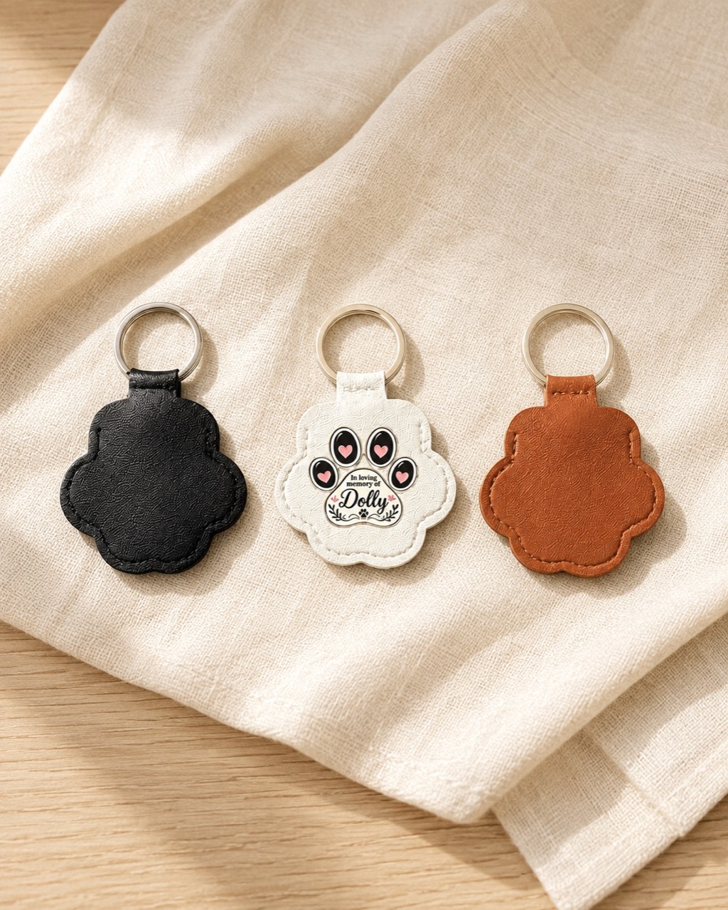 Three real paw-shaped memorial keyrings