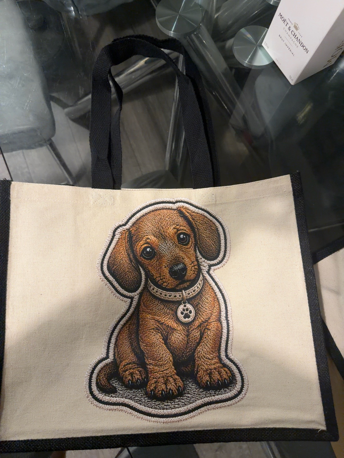 Real finished personalised pet portrait tote made by Silly Sausage