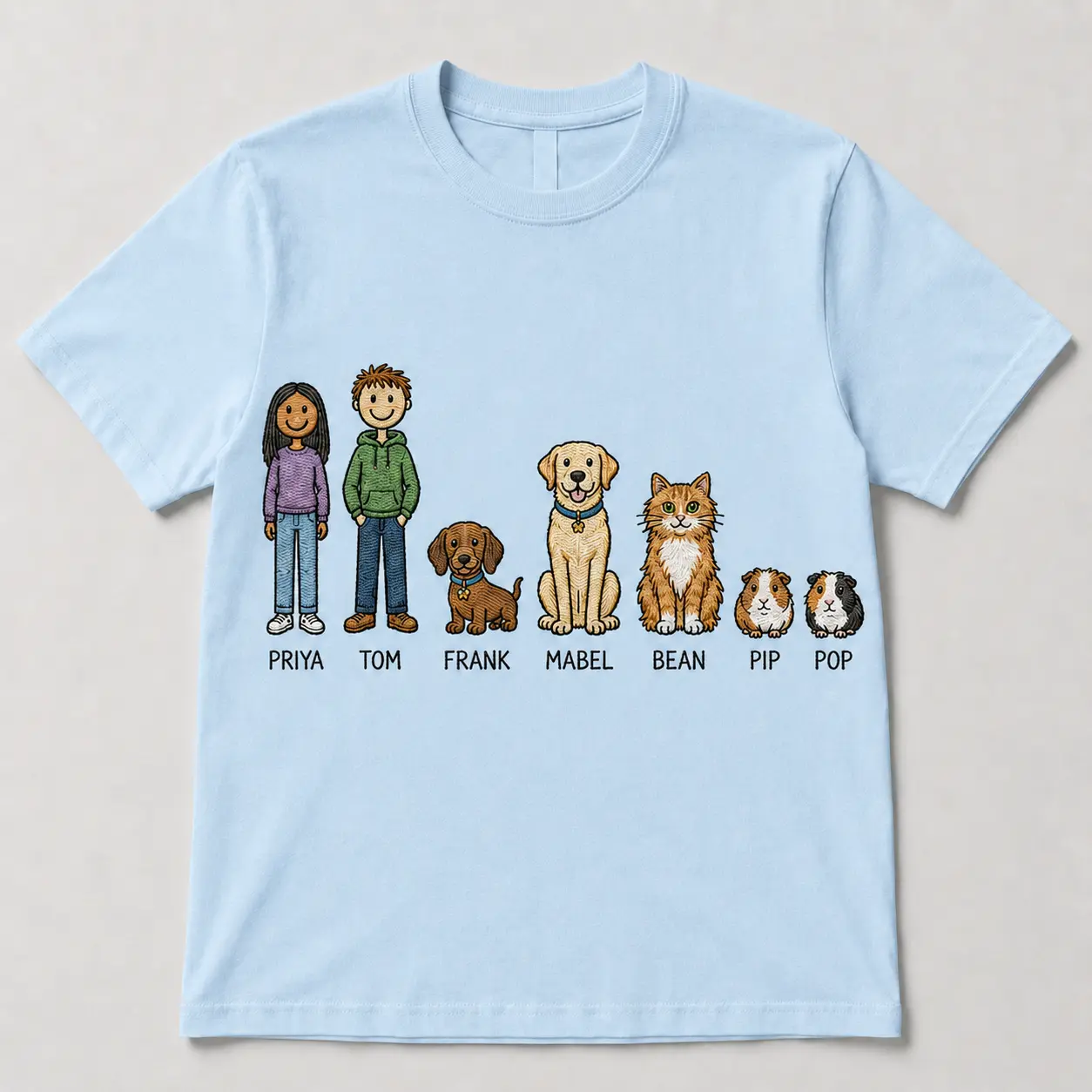 Personalised T-shirt featuring a family and their pets
